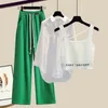 Kvinnors tvåbitar byxor koreanska sommar casual byxor set gröna breda benbyxor vit skjorta suspender väst tre stycken set kvinnlig träningsblock 230609