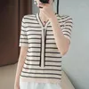 Kvinnors T-skjortor Pure Wool Cotton Short-Sleeved Stripe Tee Summer Style Ladies Slips O-Neck Slim Pullover Vest Women's Sticked T-shirt