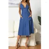 Casual Dresses Womens Beach Ladies V Neck Ruffle Strappy Button Pocket Summer Holiday Midi Dres Dropship