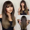 Long Straight Synthetic Ombre Dark Brown Wigs with Bangs Cosplay Daily Wigs for Black Women Heat Resistant Fake Hairfactory dir