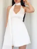 Vestidos casuais femininos com decote em V babados mini vestido sem mangas sem costas amarrar frente única vestido de fada Aline Y2k (branco2 grande)