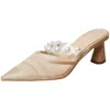 Sandaler Pearl Shoes for Women Mules High Heels Transparenta Belt Ladies Beading Female Pumps Femme Chaussure Tacones Zapatillas de Mujer