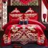 Sängkläder sätter röda kinesiska stil bröllop broderi täcke täcke lakan set bomull fast prinsessa lyx romantiska flickor 230609