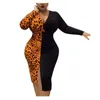 Vestidos casuais de manga comprida vestido de emenda feminino tamanho grande bloco colorido leopardo sexy decote em v profundo dividido saia de comprimento médio 2023 verão