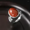 Anillos de racimo JZ216 ZFSILVER plata tailandesa S925 moda Hetian Jade sur rojo ágata elegante Retro piedra ovalada mujeres boda fiesta joyería