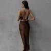 Casual Jurken Sexy Stain Low Cut Midi Jurk Vrouwen Spaghetti Mouwloze Backless Bandage Lange 2023 Zomer Effen Kleur Vestidos