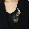 Broszki Vintage Emalia Rhinestone Tassel Peacock Peacock Feather For Women Color Animal Wedding Party Ubranie Biżuter