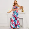 Vestidos Casuais Verão Cintura Alta Vestido Boho Sexy Planta E Flor Impresso Magro Trompete Moda Sem Mangas Terno de Duas Peças Vestidos 25264