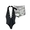 Dwuczęściowe spodnie damskie Prepomp Spring V klamry szyi łańcuch Bodysis Bodysis Silver Slim PU Shorts Zestaw kobiet GH157 230609