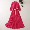 Early Autumn 2023 New Round Neck Mid Sleeve Handmade Flower Waist Shrinking Fashion Pleated Dress (Shipping Fashion Belt)