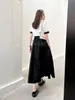 Two Piece Dress Women Fashion Black Long Skirts Vintage Ribbon Ruffle High Waist Wrinkle Split Skirt Elegent A-line Solid Color Skirts P008