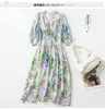 Summer Blue Striped Print Panelled Silk Dress 3/4 Sleeve V-Neck Buttons Midi Casual Dresses C3A250175