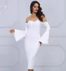 Abiti casual Abito senza spalline bianco con spalle scoperte Guaina manica lunga Maxi lunghezza al ginocchio Abiti da cerimonia eleganti neri per feste Abiti da donna