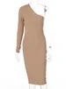 Casual Jurken Een Schouder Bodycon Jurk Met Lange Mouwen 2023 Geribbelde Gebreide Herfst Winter Vrouwen Elegante Midi Party Wit Zwart