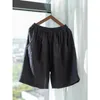 Women's Shorts Pure Linen Elastic Waist And Loose Quarter Pants. Apricot Dark Gray Woven Green Plaid 230403