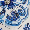 2023 Summer Blue Paisley Blue and White Porcelain Print Beaded Cotton Dress Kort ärm Runda nacke Rhinestone Kne-Lengen Casual Dresses S3L070608