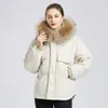 Women's Down Ailegogo Winter Women Large Real Raccoon Fur Hooded Short Jacket 90% White Duck Coat Parkers Warm Snow Outwear