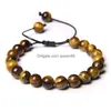 Pulsera de piedra de ojo de tigre con cuentas Hebras ajustables Brazaletes de cuerda trenzada 8Mm Roca de lava natural Hombres Mujeres Yoga Curación Pulseras Nce D Dhtvw