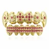 Hip Hop Dental Teeth Grillz Colored Zircon Dentures Fangs Men Women Gold Grills Teeths Set Fashion Jewelry High Quality Six 6 Top Tooth Six 6 Bottom Vampire Grills 1310