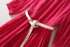 Early Autumn 2023 New Round Neck Mid Sleeve Handmade Flower Waist Shrinking Fashion Pleated Dress (Shipping Fashion Belt)