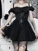 Grundläggande avslappnade klänningar Altgoth Vintage Y2K Gothic Dress Women Estetic Elegant Fairycore Grunge Mesh Patchwork Bandage Corset Crop Tank Top Dress 2pcs 230609