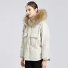 Women's Down Ailegogo Winter Women Large Real Raccoon Fur Hooded Short Jacket 90% White Duck Coat Parkers Warm Snow Outwear