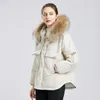 Women's Down Ailegogo Winter Women Large Real Raccoon Fur Hooded Short Jacket 90% White Duck Coat Parkers Warm Snow Outwear