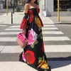 Het försäljning !! Holiday Boho Women Off Shoulder Backless Flare Sleeve Floral Print Maxi Dress Beach Bohemia Kvinna Vestidos