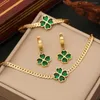 Necklace Earrings Set Four Leaves Gold Plated Love Clavicle Chain Fashion Stainless Steel Pendant Emerald Bracelet Jewelry