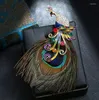 Broszki Vintage Emalia Rhinestone Tassel Peacock Peacock Feather For Women Color Animal Wedding Party Ubranie Biżuter