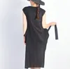 Issey Pleated Dress Women's Dark Black Style Long Styleエレガントな伸縮性ウエストドレス