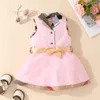 Mignon bébé filles robes à carreaux coton nouveau-né sans manches gilet robe avec nœud papillon col rabattu infantile princesse robes enfant en bas âge jupes fille jupe