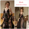 Women's Sleepwear Woman Deep V Neck Mesh Perspective Water-soluble Embroidery Lace Suspender Dress Robe Bathrobe Home Suit Transparent Gauze