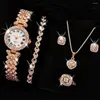 Montres-bracelets 5 pièces ensemble montre femmes bague collier boucles d'oreilles strass mode montre-bracelet femme décontracté dames montres Bracelet horloge cadeau