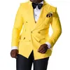 Men's Suits Yellow Double Breasted Blazer Black Trousers Casual Prom Wedding Clothing Slim Fit Groom Tuxedo Party Wear Coat 2Pc Jacket Pants