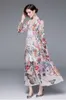 2023 Casual Jurken Nieuwe Runway Bloem Elegante Chiffon Maxi Jurk Dames Diepe V-hals Lange Lantaarn Mouw Bloemenprint Holiday Party Split Gewaad