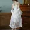 Women's Sleepwear Sexy Mousse Sleep Wear White Dress Lace Embroidery Deep V Backless Mesh See Through Women Lingerie Bath Robe Wedding Use