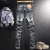 Jeans da uomo High Street Trendy Vintage Trend da uomo Vecchio ricamo strappato Versatile Youth Stretch Slim Little Feet