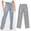 Women's Jeans Women's Women Spring Fashion Casual Straight Pants Ripped Hole High Waist Sexy Slit Color Grey Long Cotton Trousers C3310