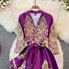 Casual Dresses 2023 Elegant Purple Flower Party Dress High Quality Spring Women Sexig V Neck Floral Embroidery Lace Up Belt Party Midi Dress Vestidos