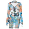 Casual Dresses Colorful Butterfly Print Lace Out Cut Mini Dress Elegant Summer Beach Outfits Slim Fit Flare Sleeve V-Neck Mesh Sexy Women