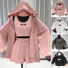 Women's Tracksuits 1 Set Women Coat With Hat Zipper Closure Pocket Long Sleeve Keep Warm Polyester Three Pieces Drawstring Shorts Vest