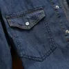 Camisas casuais masculinas Camisa jeans de algodão puro Jaqueta Primavera Moda masculina Manga longa lapela azul Bolso duplo Parte superior solta