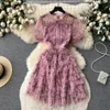 2023 Casual Dresses High Qulity Luxury Design Runway Summer Dress Women Beading Doll Collar Mesh Splicing Floral Layer Cake Short Vestidos