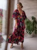 Vestidos casuais básicos Boho Floral Estampado Decote em V Manga Curta Vestido de Algodão com Cinto Túnica Feminina Roupas de Verão Roupas de Rua Maxi Vestidos A1341 230609