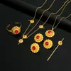 Ketting Oorbellen Set Ethiopische Rode Steen Haar Stuks Goud Kleur Sieraden Voor Vrouwen Accessoires