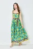 2023 Casual Dresses Women's Runway Fashion Maxi Dress Summer Bohemia Lemon Print Lace Up Belt High midjesemester Lång spaghetti -bandklänning