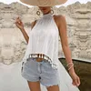 Polo da donna Top senza maniche sexy T-shirt stile nappa Collo appeso bianco Camicette in chiffon con foro in rete Camicie dolcevita con canotta Abbigliamento estivo