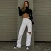 Jeans feminino branco rasgado feminino cintura alta perna reta streetwear vintage jeans buraco no joelho 2023 outono senhora calças