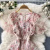 2023 Robes décontractées Designer Riche Mode Robe midi Summer Femme Per perle V-Neck Mesh Flower broderie Ruffles Slim Cascading Robe